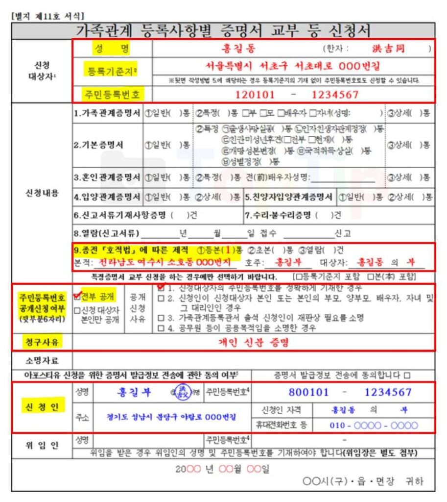 제적등본 발급방법-주민센터 신청서 샘플