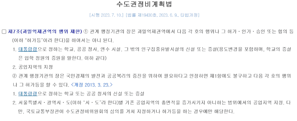 수도권 과밀억제권역 행위 제한_수도정비계획법 제7조